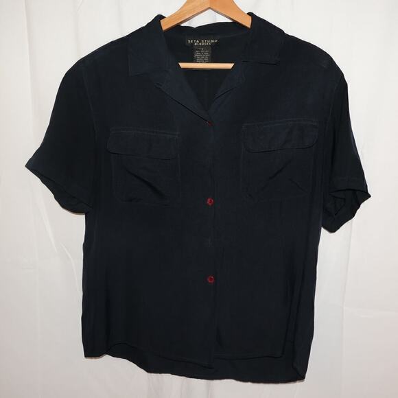 Seta Studio Blouses 100% Silk Size Small Short Sleeve Midnight Blue Button Up - Picture 7 of 13